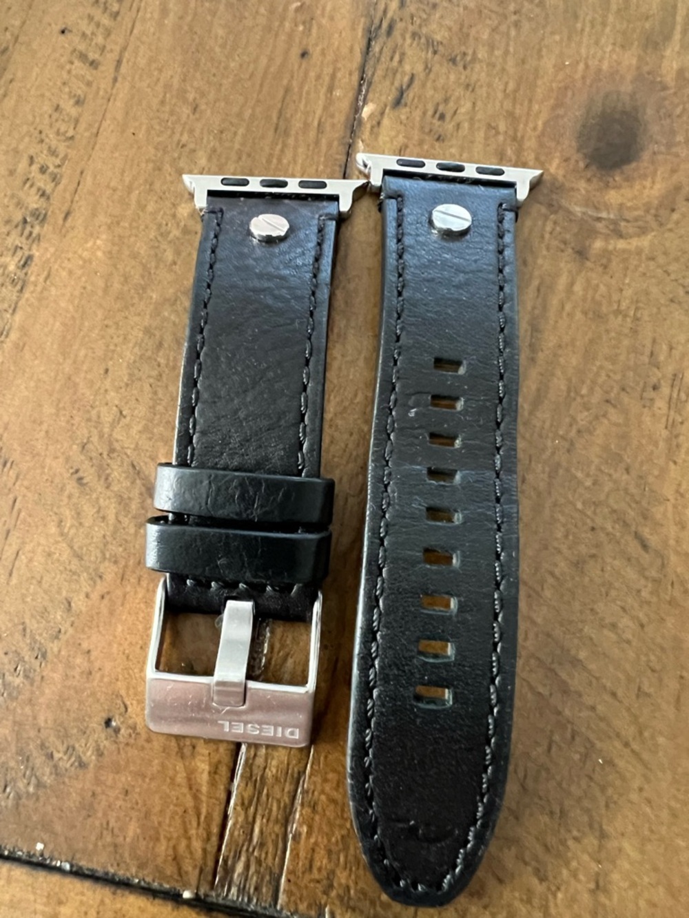 Diesel Black Leather Apple  Watch Strap with Brushed Silver Hardware 45mm